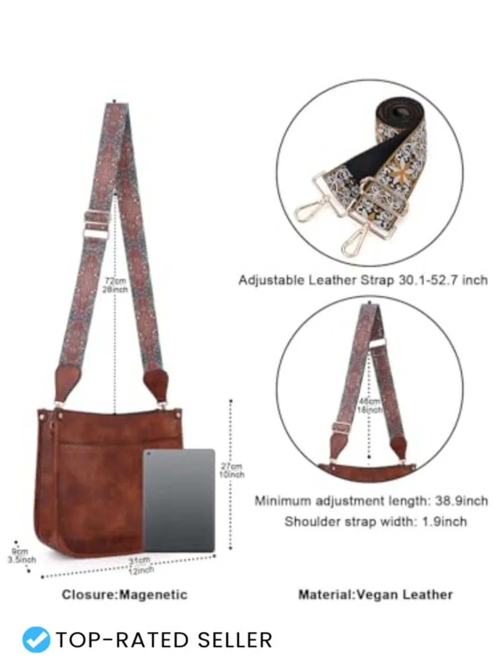 Vegan Leather Hobo Crossbody Bag with 2 Adjustable Straps Trendy